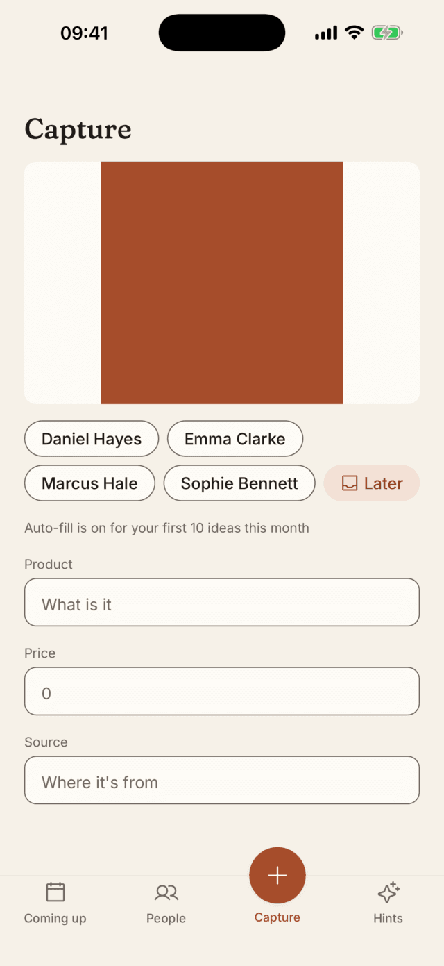 Capture screen with a product photo and person chips