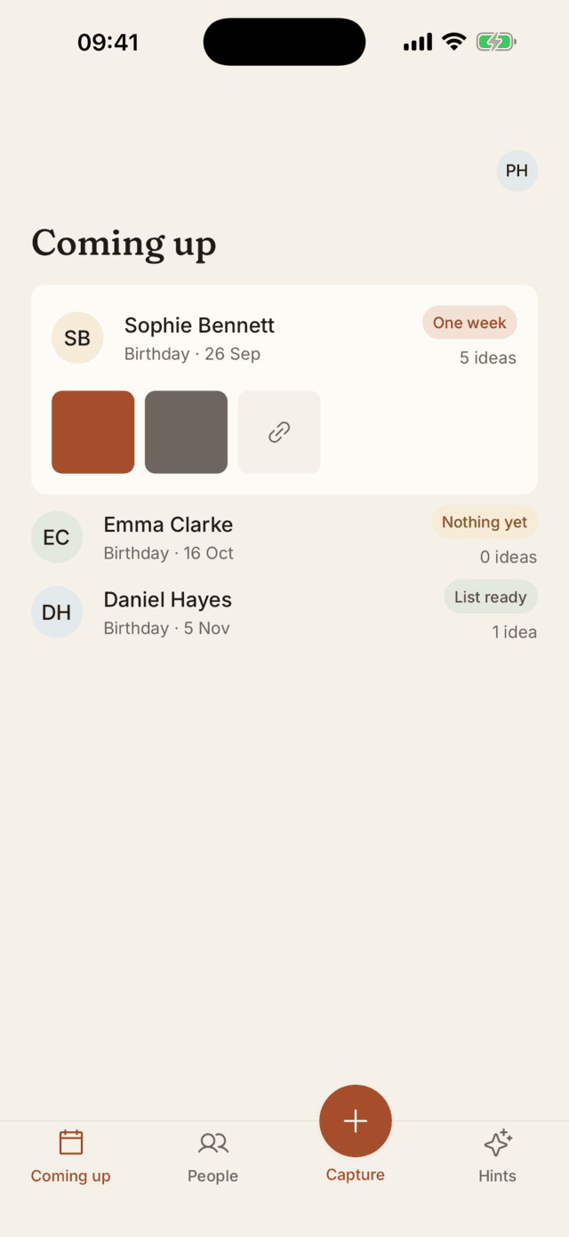 Coming up screen showing three occasions with status pills